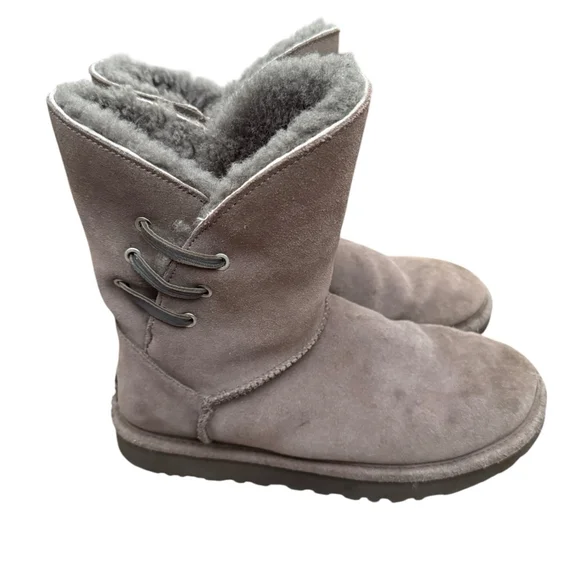 UGG Side Lace Sheepskin Boots Gray Suede Size 8 - Picture 3 of 8